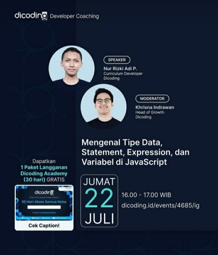 Read more about the article Mengenal Tipe Data, Statement, Expression, dan Variabel di JavaScript – Dicoding